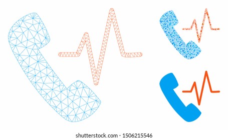 Mesh telephony model with triangle mosaic icon. Wire carcass triangular network of telephony. Vector mosaic of triangle parts in variable sizes, and color shades. Abstract flat mesh telephony,