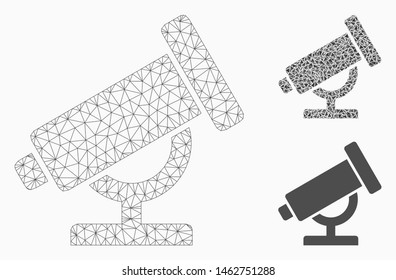 Mesh telescope model with triangle mosaic icon. Wire frame triangular network of telescope. Vector mosaic of triangle elements in variable sizes, and color tinges. Abstract flat mesh telescope,