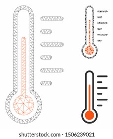 Mesh temperature level model with triangle mosaic icon. Wire carcass polygonal mesh of temperature level. Vector mosaic of triangle elements in various sizes, and color tones.