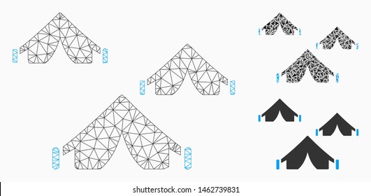 Mesh tent camp model with triangle mosaic icon. Wire carcass triangular network of tent camp. Vector mosaic of triangle elements in variable sizes, and color tinges. Abstract flat mesh tent camp,