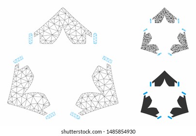Mesh tent camp model with triangle mosaic icon. Wire carcass triangular mesh of tent camp. Vector composition of triangle parts in various sizes, and color tinges. Abstract 2d mesh tent camp,