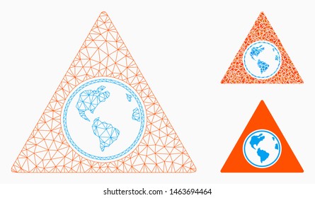 Mesh terra triangle model with triangulated mosaic icon. Wire frame polygonal mesh of terra triangle. Vector mosaic of triangle parts in different sizes, and color shades. Abstract 2d Earth triangle.