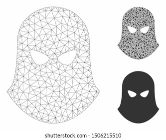 Mesh terrorist balaklava model with triangle mosaic icon. Wire frame polygonal mesh of terrorist balaklava. Vector mosaic of triangle parts in various sizes, and color hues.