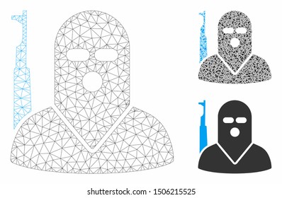 Mesh terrorist model with triangle mosaic icon. Wire frame triangular mesh of terrorist. Vector collage of triangle elements in variable sizes, and color shades. Abstract 2d mesh terrorist,