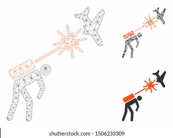 Mesh terrorist strikes aircraft model with triangle mosaic icon. Wire frame triangular mesh of  strikes aircraft. Vector composition of triangle elements in different sizes, and color hues.