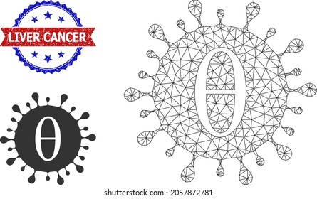 Mesh Tetta covid virus model icon, and bicolor grunge Liver Cancer watermark. Mesh wireframe symbol based on Tetta covid virus icon.