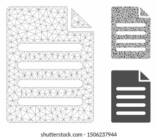 Mesh text page model with triangle mosaic icon. Wire carcass triangular mesh of text page. Vector mosaic of triangle parts in various sizes, and color tinges. Abstract 2d mesh text page,