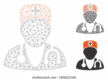 Mesh therapist model with triangle mosaic icon. Wire frame triangular network of therapist. Vector mosaic of triangle elements in variable sizes, and color shades. Abstract 2d mesh therapist,