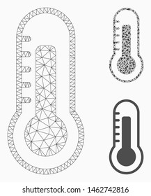 Mesh thermometer model with triangle mosaic icon. Wire frame triangular mesh of thermometer. Vector mosaic of triangle parts in variable sizes, and color tints. Abstract flat mesh thermometer,