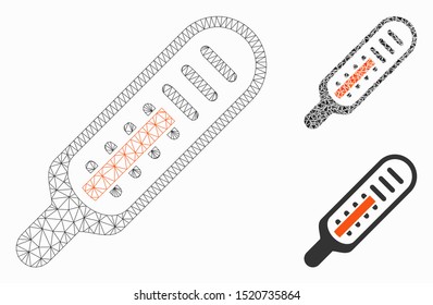 Mesh thermometer model with triangle mosaic icon. Wire frame triangular mesh of thermometer. Vector mosaic of triangle parts in various sizes, and color tints. Abstract 2d mesh thermometer,
