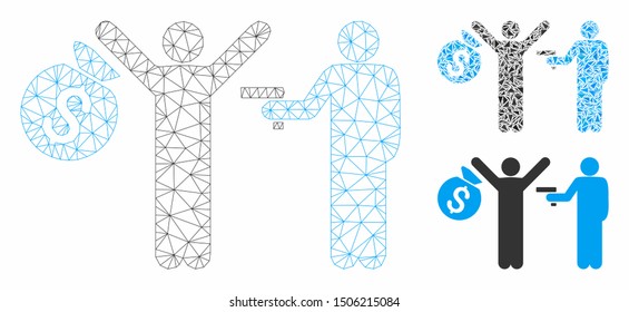 Mesh thief arrest model with triangle mosaic icon. Wire frame triangular mesh of thief arrest. Vector composition of triangle elements in various sizes, and color hues.