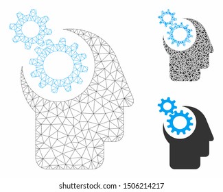 Mesh think model with triangle mosaic icon. Wire carcass polygonal mesh of think. Vector mosaic of triangle parts in variable sizes, and color tinges. Abstract flat mesh think,