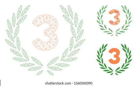 Mesh third laurel wreath model with triangle mosaic icon. Wire frame triangular mesh of third laurel wreath. Vector mosaic of triangles in various sizes, and color tints.