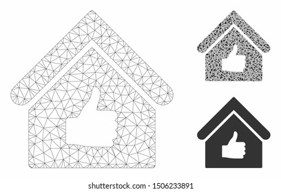 Mesh thumb up building model with triangle mosaic icon. Wire carcass triangular mesh of thumb up building. Vector mosaic of triangle parts in different sizes, and color tints.