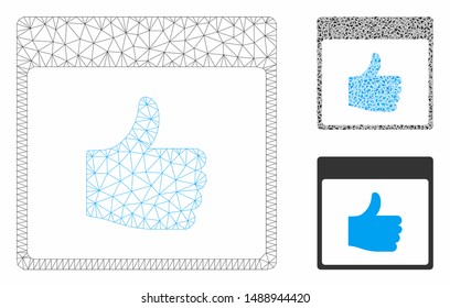 Mesh thumb up calendar page model with triangle mosaic icon. Wire frame triangular mesh of thumb up calendar page. Vector mosaic of triangle parts in various sizes, and color tints.