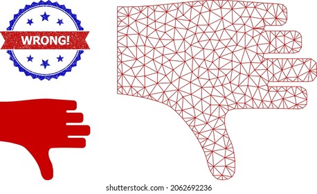 El pulgar de malla abajo el icono de la canal y la marca de agua bicolor de la exclamación incorrecta. Imagen de la carcasa de malla diseñada con el icono de abajo. Impresión vectorial con el título de exclamación incorrecta dentro de la cinta roja y