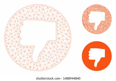 Mesh thumb down model with triangle mosaic icon. Wire carcass polygonal mesh of thumb down. Vector mosaic of triangle elements in variable sizes, and color tones. Abstract flat mesh thumb down,