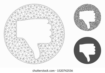 Mesh thumb down model with triangle mosaic icon. Wire frame polygonal mesh of thumb down. Vector composition of triangle parts in various sizes, and color tinges. Abstract 2d mesh thumb down,