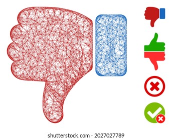 Mesh thumb down web symbol vector illustration. Carcass model is based on thumb down flat icon. Network forms abstract thumb down flat model.