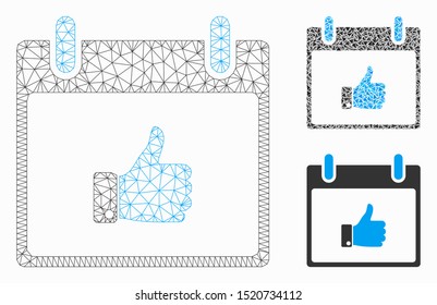 Mesh thumb up hand calendar day model with triangle mosaic icon. Wire frame triangular mesh of thumb up hand calendar day. Vector composition of triangle elements in variable sizes, and color tinges.