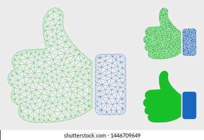 Mesh thumb up model with triangle mosaic icon. Wire frame triangular mesh of thumb up. Vector composition of triangle parts in variable sizes, and color hues. Abstract 2d mesh thumb up,