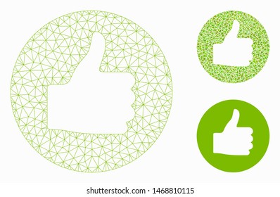 Mesh thumb up model with triangle mosaic icon. Wire frame polygonal mesh of thumb up. Vector mosaic of triangle elements in variable sizes, and color hues. Abstract flat mesh thumb up,