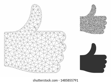 Mesh thumb up model with triangle mosaic icon. Wire carcass polygonal mesh of thumb up. Vector collage of triangle elements in different sizes, and color hues. Abstract flat mesh thumb up,