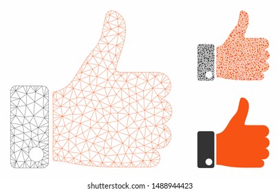 Mesh thumb up model with triangle mosaic icon. Wire carcass polygonal mesh of thumb up. Vector mosaic of triangle elements in various sizes, and color shades. Abstract flat mesh thumb up,