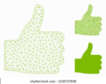 Mesh thumb up model with triangle mosaic icon. Wire frame polygonal mesh of thumb up. Vector mosaic of triangle parts in variable sizes, and color tints. Abstract flat mesh thumb up,