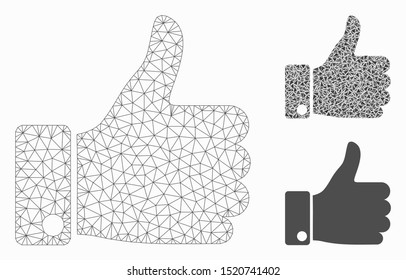 Mesh thumb up model with triangle mosaic icon. Wire carcass triangular mesh of thumb up. Vector composition of triangle elements in different sizes, and color tinges. Abstract flat mesh thumb up,