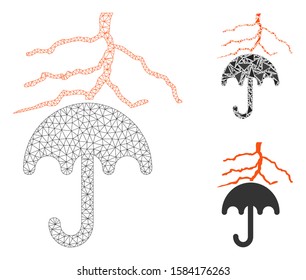 Mesh thunderstorm lightning umbrella model with triangle mosaic icon. Wire frame triangular mesh of thunderstorm lightning umbrella. Vector composition of triangles in different sizes,