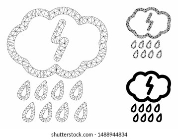 Mesh thunderstorm model with triangle mosaic icon. Wire carcass triangular mesh of thunderstorm. Vector mosaic of triangles in variable sizes, and color tinges. Abstract 2d mesh thunderstorm,
