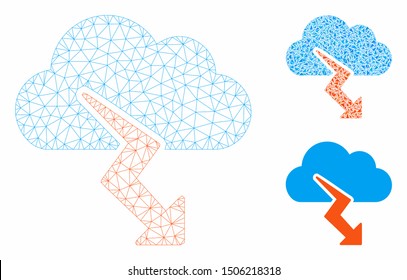 Mesh thunderstorm model with triangle mosaic icon. Wire carcass triangular mesh of thunderstorm. Vector collage of triangle parts in variable sizes, and color tinges. Abstract 2d mesh thunderstorm,