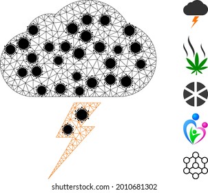 Mesh thunderstorm polygonal icon vector illustration, with black coronavirus nodes. Carcass model is created from thunderstorm flat icon, with coronavirus nodes and polygonal net.