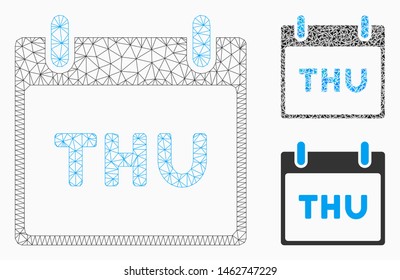 Mesh Thursday calendar page model with triangle mosaic icon. Wire frame polygonal mesh of Thursday calendar page. Vector collage of triangles in various sizes, and color hues.