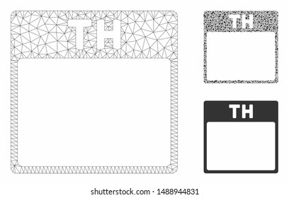 Mesh Thursday calendar page model with triangle mosaic icon. Wire frame triangular network of Thursday calendar page. Vector mosaic of triangle parts in different sizes, and color tones.