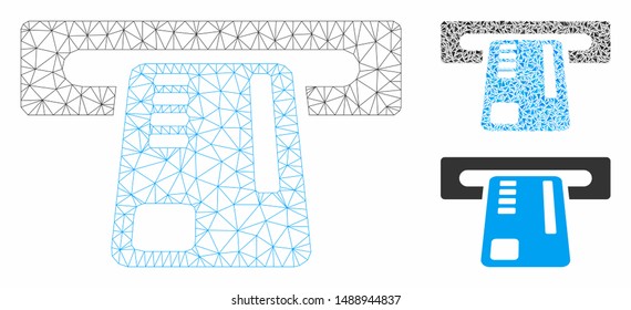 Mesh ticket machine model with triangle mosaic icon. Wire frame triangular mesh of ticket machine. Vector collage of triangle elements in different sizes, and color tinges.