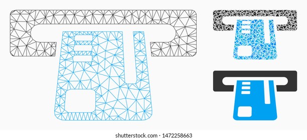 Mesh ticket terminal model with triangle mosaic icon. Wire frame triangular mesh of ticket terminal. Vector mosaic of triangle elements in various sizes, and color shades.