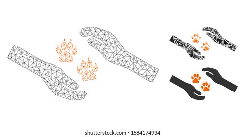 Mesh tiger care hands model with triangle mosaic icon. Wire carcass triangular network of tiger care hands. Vector collage of triangle parts in different sizes, and color tints.