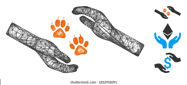 Mesh tiger care hands polygonal web icon vector illustration. Model is based on tiger care hands flat icon. Triangle network forms abstract tiger care hands flat model.