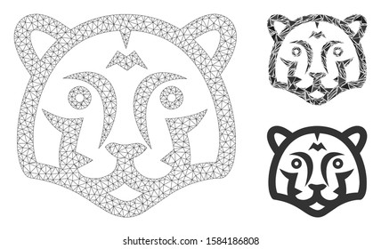 Mesh tiger head model with triangle mosaic icon. Wire frame polygonal mesh of tiger head. Vector mosaic of triangle parts in variable sizes, and color tinges. Abstract 2d mesh tiger head,