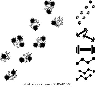 Mesh-Tiger-Pfoten Trace polygonal Symbol Vektorgrafik, mit schwarzen Viruselementen. Das Schlachtkörpermodell basiert auf dem flachen Symbol der Tigerpfeffer, mit Infektionszentren und Dreiecksmaschen.