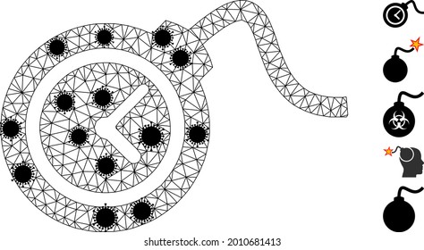 Mesh time bomb polygonal icon vector illustration, with black infection items. Abstraction is created from time bomb flat icon, with virus items and triangular net.