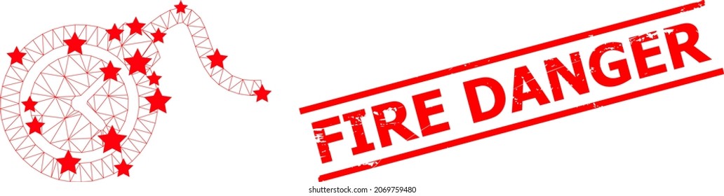 Mesh-Zeitbombe polygonal Symbol Vektorgrafik, und rot FIRE DANGER grober Gummidruck. Das Modell wird aus Zeitbombe flach Symbol, mit Sternen und Dreieck Netz erstellt.