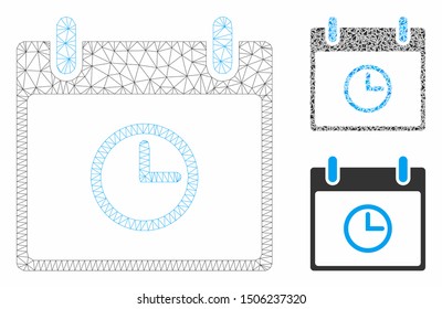 Mesh time calendar day model with triangle mosaic icon. Wire frame triangular mesh of time calendar day. Vector collage of triangle elements in variable sizes, and color shades.