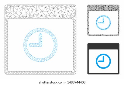Mesh time calendar page model with triangle mosaic icon. Wire carcass polygonal network of time calendar page. Vector mosaic of triangle elements in different sizes, and color tones.