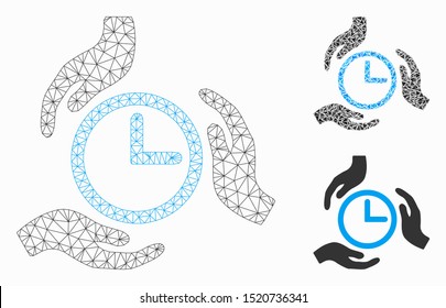 Mesh time care model with triangle mosaic icon. Wire carcass polygonal mesh of time care. Vector mosaic of triangle parts in different sizes, and color tints. Abstract 2d mesh time care,