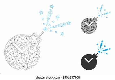 Mesh time fireworks charge model with triangle mosaic icon. Wire carcass polygonal network of time fireworks charge. Vector mosaic of triangle parts in variable sizes, and color tinges.