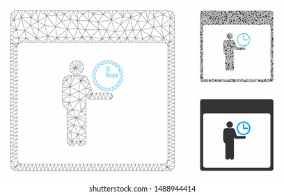 Mesh time manager calendar page model with triangle mosaic icon. Wire carcass polygonal network of time manager calendar page. Vector mosaic of triangle parts in various sizes, and color tones.