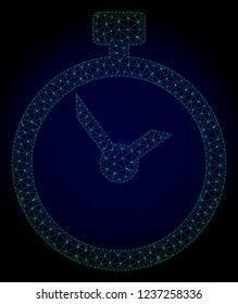 Mesh time polygonal illustration. Abstract mesh lines, triangles and points on dark background with time. Wire frame 2D polygonal line network in vector format on a dark blue background.